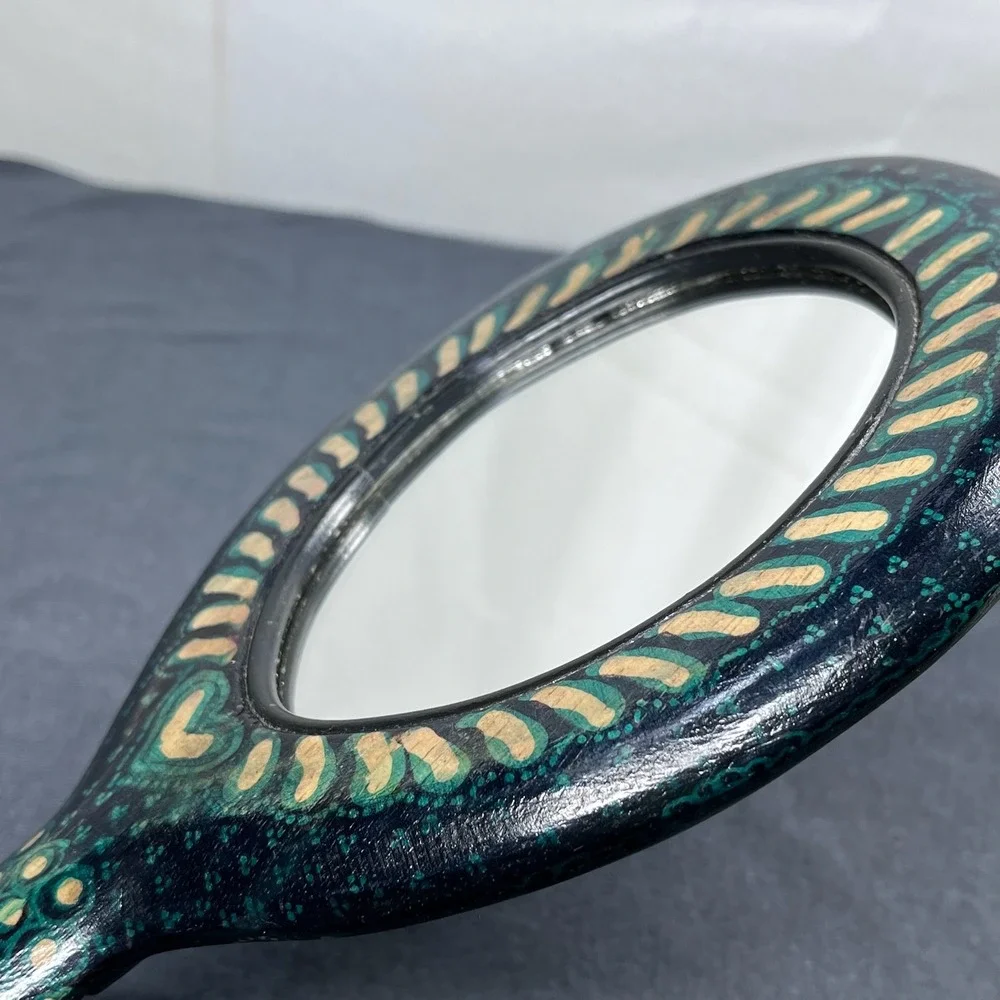 Hand Painted Wood Hand Mirror Teal Floral Folk Art Bohemian Vanity Accessory